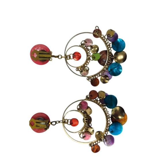 Vintage Pink Multi-Stone Hoop Dangle Clip-On Earrings | Statement Boho Jewelry - Picture 4 of 5